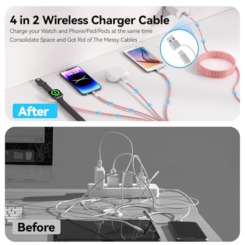 Ultimate 6 FT Multi-Device Charging Cable: Fast Nylon-Braided i Watch and Smartphone Charger Compatible with i Phone, i Pad, Galaxy, and More – Durable, Tangle-Free Solution for Ultra, SE, and All i Watch Models – Streamline Your Charging with Versatile 4-in-2 Connectivity
