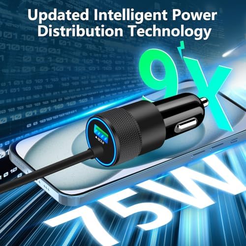 Rombica 105 W MFi Certified Dual USB-C & USB-A Fast Car Charger for i Phone 16 Pro Max – Ultimate Portable Power Solution with 6 FT Coiled Type-C Cable for Rapid Charging on the Go, Perfect for Road Trips and Daily Commuting