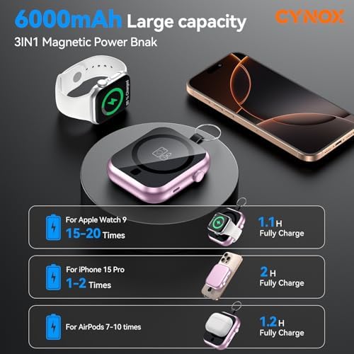 6000 m Ah Magnetic Power Bank – 3-in-1 Portable Charger for i Phone 12-16, Apple Watch, and Air Pods – 22.5 W Fast Charging USB-C Battery Pack for Effortless On-the-Go Power and Enhanced Device Compatibility