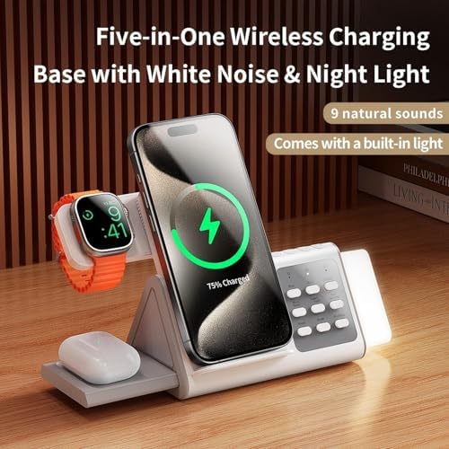 Multifunctional 3-in-1 Wireless Charging Station with White Noise Machine, Adjustable Night Lights & Auto-Off Timer – Ideal for Charging Multiple Devices, Enhancing Relaxation, and Reducing Clutter in Home or Office Spaces