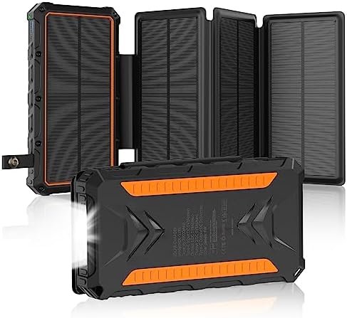 20000 m Ah Solar Power Bank: Ultimate Waterproof Portable Charger with Dual 3 A Fast Charging Outputs, 4 Efficient Solar Panels, and Built-in Flashlights for Outdoor Adventures, Camping, and On-the-Go Device Charging – Black Edition