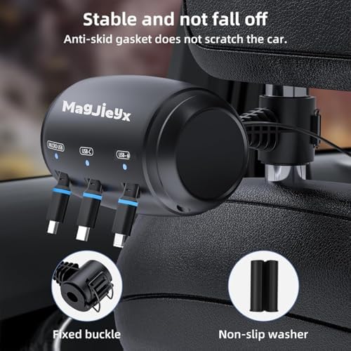 Innovative 3-in-1 Retractable Car Charging Station – Fast Headrest Dock for i Phone 16/15/14, i Pad, Android & Samsung – Ultimate Multi-Device Charger for Rideshare Drivers – Tidy Power Solution for Backseat Passengers – Enhanced Compatibility & Fast Charging Efficiency