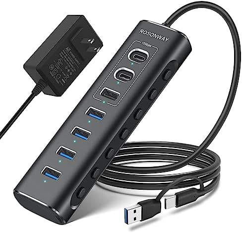Elevate Your Connectivity with the Rosonway 7-Port Powered USB Hub – Ultra-Fast 10 Gbps Data Transfer, Dual USB-C 3.2 & Four USB 3.0 Ports, Individual Switches for Custom Control, Sleek Aluminum Design, Perfect for Laptops and PCs – RSH-A107 C, Maximize Productivity Effortlessly