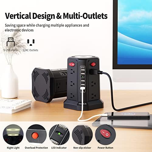 PASSUS Surge Protector Power Strip Tower with 12 AC Outlets and 5 High-Speed USB Ports – 10 FT Extension Cord with Overload Protection and Built-In Night Light for Home Office and Dorm Room – Sleek Black Design for Ultimate Charging Efficiency