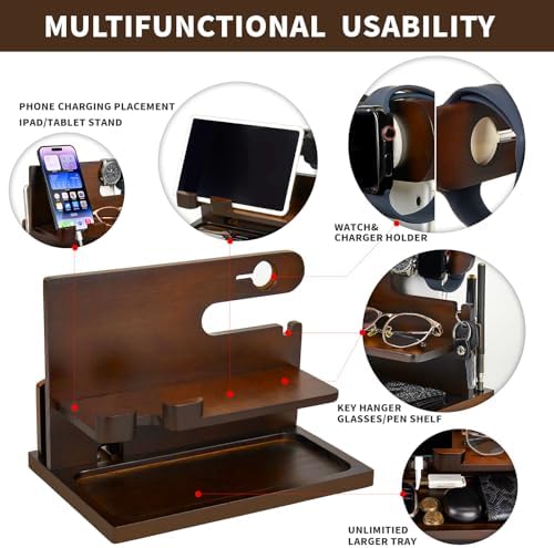 Gifts for Men Wood Phone Docking Station Gifts for him Husband Nightstand Organizer Cell Phone Stand Watch Holder Wallet Station Desk Organizers Gifts for Dad Birthday Gifts for Men (Brown) – Enhanced Compatibility and Speed