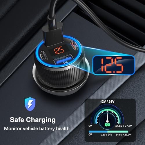High-Speed USB C Car Charger 3-Pack – 65 W Dual Port QC+PD 3.0 Fast Charging Adapter with Voltmeter for i Phone 16-12, i Pad Pro Max & Android Devices – Reliable Multi-Port Cigarette Lighter Charger in Sleek Black/Gray Design