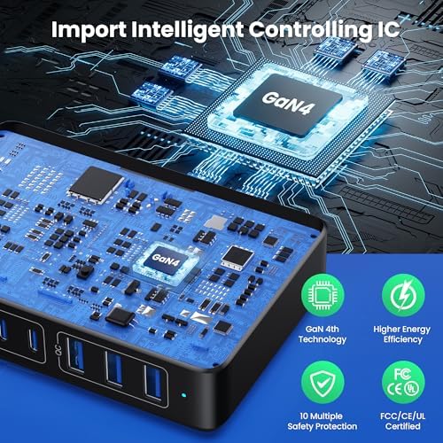 Revolutionary 300 W Ga N IV Technology USB-C Charging Hub – 8-Port Multi-Device Charger for Mac Book Pro/Air, DELL Laptops, i Phone 16/15/14 & Galaxy S25 – Sleek Navy Finish for Enhanced Home & Office Efficiency – Your Premier Solution for Rapid Device Power and Seamless Connectivity