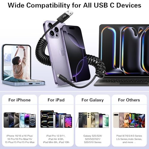 Canjoy 6 FT Retractable Coiled USB C Cable for Car – 5-Pack Fast Charging Cords Compatible with Car Play & Android Auto, Ideal for i Phone 16/15 and Samsung Galaxy S24/S23/S22 – Durable, Tangle-Free Design for Ultimate Convenience