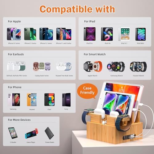 Eco-Friendly Bamboo Multi-Device Charging Hub: Efficient Organizer with Rapid Charge Technology and 5 Premium Cables for Phones, Tablets, Earbuds & Smartwatches – Elegant Power Station for Home & Office Efficiency
