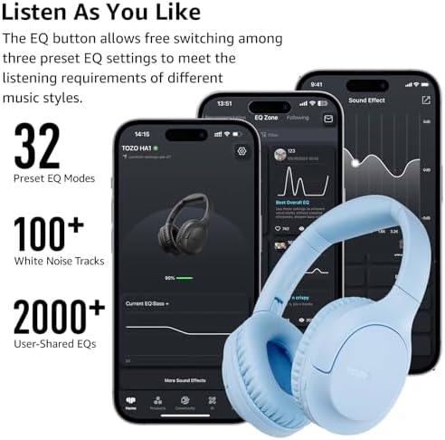TOZO Bluetooth 5.4 Over-Ear Headphones – Unmatched 70-Hour Playtime, Tailored EQ for Personalized Audio Experience, Rich Deep Bass for Immersive Sound, Travel-Friendly Foldable Design, Integrated Microphone for Clear Voice Calls & Ultra-Low Latency for Flawless Streaming – Advanced Noise Cancellation & Broad Compatibility Options