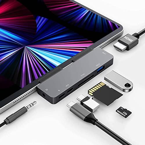 Elevate Your i Pad Pro Experience with Our Versatile 6-in-1 USB C Hub Adapter – Featuring 4 K HDMI, Dual USB 3.0 Ports, 3.5 mm Audio Jack, PD 60 W Charging, and SD/TF Card Slot – Perfect for M2, M1 i Pad Pro 11, 12.9 (2018-2022), i Pad Air, and Mini – Unleash Seamless Connectivity and Effortless Productivity