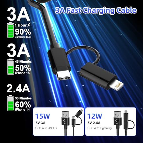Versatile Coiled USB to USB-C & Lightning Cable Combo for i Phone and Android – MFi Certified Fast Charge & Data Sync up to 3 A – Tangle-Free Design for Apple Car Play & Android Auto Compatibility – Durable, High-Quality Charging Solution for Seamless Connectivity on the Go