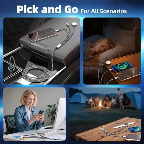 Universal 3-in-2 Travel Charging Cable for Apple Watch and Smartphones – 5 FT High-Speed Dual-Device USB-A/USB-C Charger for i Phone 16/15/14 & Android – Lightweight, Durable Solution for On-the-Go Power Management