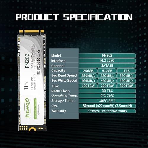 Upgrade Your Storage with the FN203 1 TB M.2 SATA SSD – Unleash Lightning-Fast Performance at Up to 550 MB/s Read Speed for Ultrabooks, Tablets, and Mini PCs – Featuring SLC Cache Technology and 3 D NAND TLC for Superior Endurance and Efficiency
