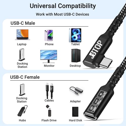 Innovative L-Shaped USB C Extension Cable (2 Pack, 6.6 Ft) – 240 W Power Delivery, 40 Gbps High-Speed Data Transfer, Durable Nylon Braided Design for i Phone 16, i Pad, Mac Book & Mag Safe – Optimal Flexibility for Tightly Spaced Connections