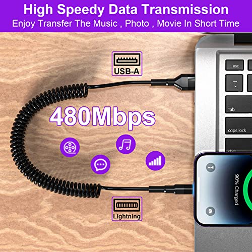 Retractable Coiled Lightning Cable for Apple Car Play – MFi Certified Fast Charging & Data Sync with LED Indicator – Compact i Phone Charger for Car Use – Tangle-Free Design for Ultimate Convenience and Enhanced Performance