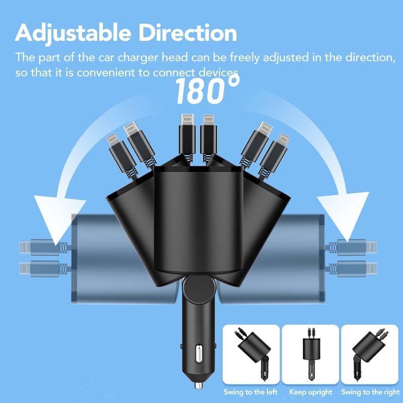 Ultimate 4-in-1 Retractable Car Charger – 60 W Super Fast Charging for i Phone 11-16, Galaxy, Pixel & Air Pods 4 – Dual USB Ports & Tangle-Free Cables for Maximum Convenience on the Go – Compact Power Adapter for All Your Devices