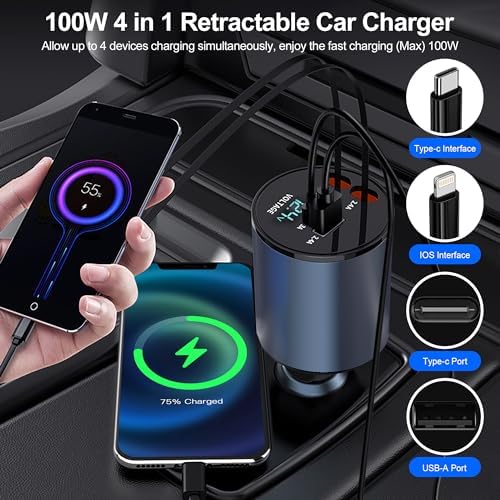 Fast Charge 4-in-1 Retractable USB C Car Charger Adapter – 100 W Power Delivery for i Phone 15 Pro Max, 14, 13, 12 – Tangle-Free Convenience, Enhanced Compatibility, and Safety Features – Ideal for Road Trips and Family Adventures