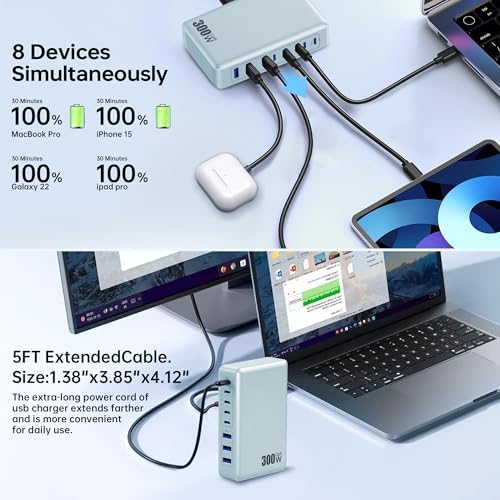 High-Power 300 W USB C Charging Hub – 8-Port Ga N III Fast Charger for Mac Book Pro, Dell, i Phone 16/15/14, Galaxy S23/22 – Ultimate Multi-Device Charging Station for Home and Travel with PD Compatibility