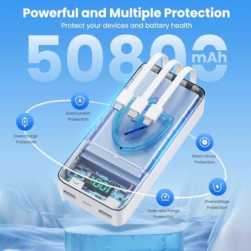 High-Capacity 50800 m Ah Portable Power Bank with 3 Built-In Cables, 25 W PD & QC4.0 Fast Charging – Universal Charging Solution for i Phone 16/15/14/13, Android Devices & More – Smart LCD Display, 6 Outputs & 2 Inputs, Enhanced Safety Features for On-the-Go Power Needs