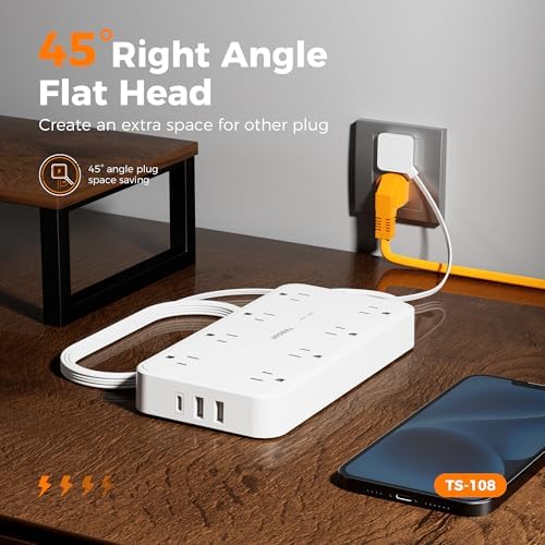 TESSAN 8-Outlet Surge Protector Power Strip with 3 USB Ports (1 USB-C) – 1080 Joules of Safety, Wall-Mountable Extension Cord for Home, Office, and Dorm – Ultimate Charging Hub for Multiple Devices and Enhanced Protection