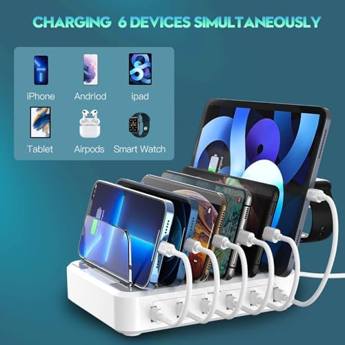 Sleek 6-Port USB Fast Charging Station with 60 W Output & 7 Versatile Cables – Essential Multi-Device Charger for i Phone, i Pad, Tablets, and Kindles – Ultimate Home and Office Organization Solution for Effortless Charging and Efficiency