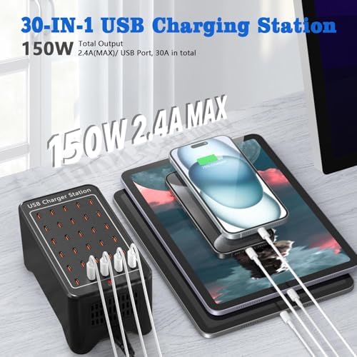 150 W USB C Charging Hub Station with 30 Ports – Fast Multiport Desktop Charger for i Phone 16/15/14/13/12/11, i Pad, and Samsung Galaxy S23/S22 – Optimal Device Compatibility & Safety Features for Efficient Charging Solutions
