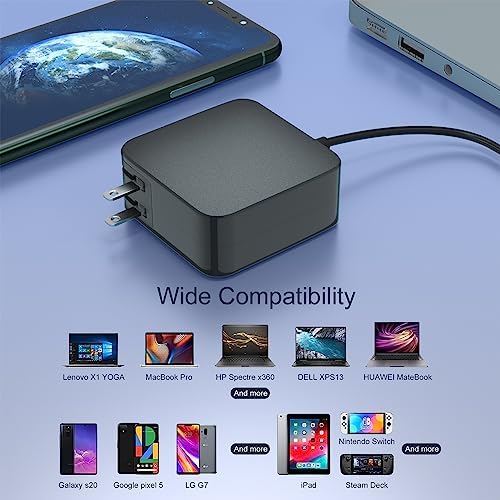 65 W USB-C Power Adapter – Ultra-Fast PD Wall Charger for Mac Book Pro, Dell Latitude & More – Compact Design with Advanced Safety Features for Laptops & Smartphones – Ideal Travel Companion with Tangle-Free Cable and 30-Day Satisfaction Guarantee