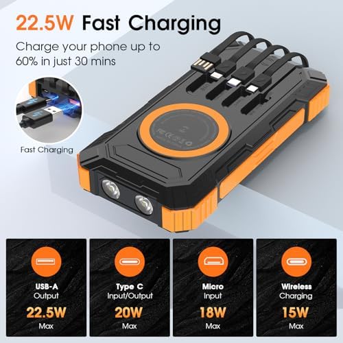 Ultimate 49,800 m Ah Solar Power Bank: Wireless Portable Charger with 4 Integrated Cables, 22.5 W Fast Charging Battery Pack for All Smartphones – Eco-Friendly Outdoor Essential with PD & QC3.0 Technology