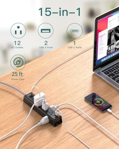 10-Foot Power Strip Surge Protector with 12 Outlets & 3 USB Ports – Wall-Mountable Extension Cord for Optimal Device Charging in Dorm Rooms, Offices, and Homes – 1050 J Overload Protection for Enhanced Safety and Efficiency – Sleek Black Design for Clutter-Free Use