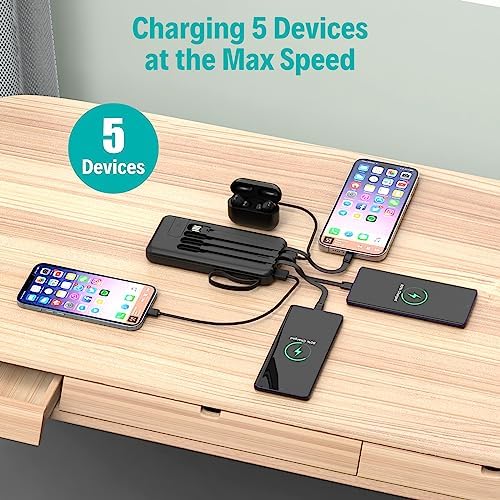 Slim 10,000 m Ah Portable Charger with Built-in Cables – High-Speed USB-C Power Bank for Travel | 5 Outputs & 3 Inputs, LED Display, Compatible with i Phone, Samsung, Pixel, LG & More – Essential Power Solution for On-the-Go Charging