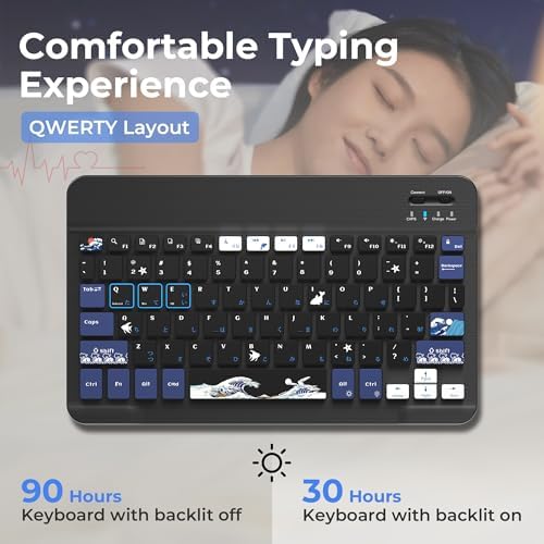 Ultra-Portable XVX WK60 Foldable Bluetooth Keyboard with Kanagawa Wave Art – Multi-Device Compatible Wireless Keyboard for i Pad, i Phone, Mac Book, Android & Windows – Long-Lasting 20-Hour Battery Life – Elevate Your Typing Experience Anywhere