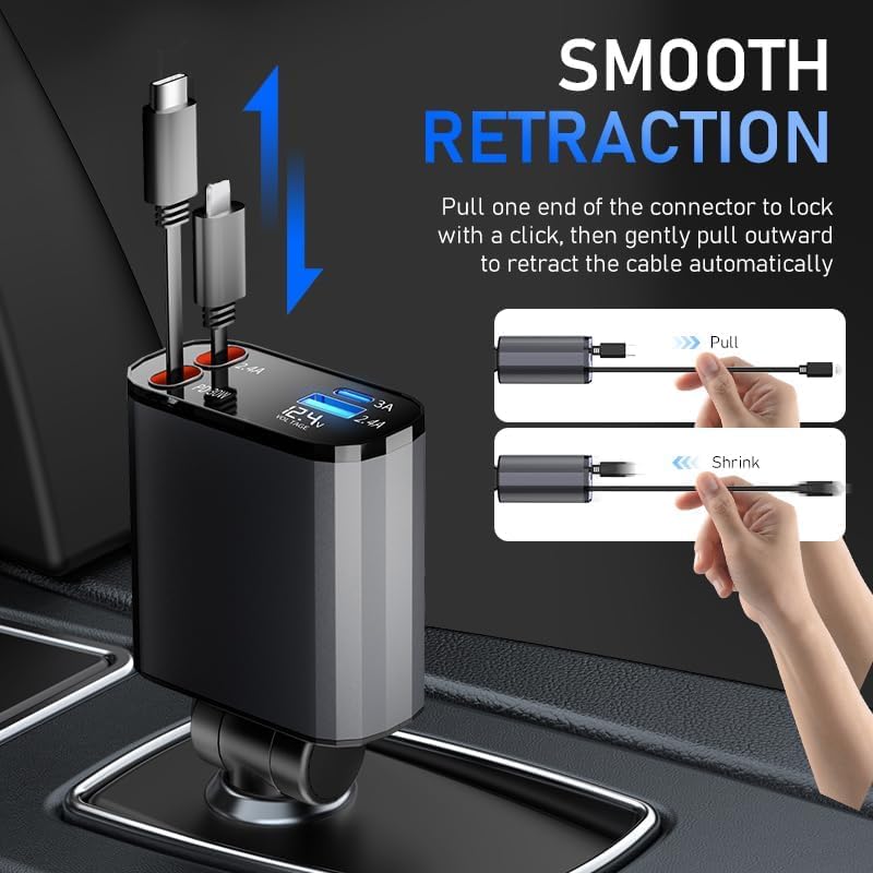 TICCI 60 W Retractable Car Charger: 4-in-1 Fast Charging Solution for i Phone 16-12, USB-C & Android Devices – Ultimate Convenience with Tangle-Free Design and Enhanced Compatibility for Road Trips and Daily Commutes