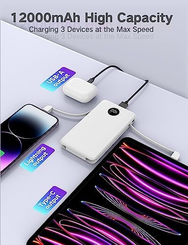 Ultra-Slim 12000 m Ah Portable Charger with Built-In Cables – 22.5 W Fast Charging Power Bank for i Phone & Android | LCD Display for Real-Time Battery Monitoring | Lightweight Travel Essential for On-the-Go Power Solutions