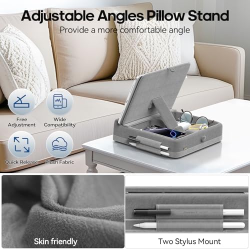 KDD Multifunctional Tablet Pillow Stand – Adjustable Foldable i Pad Holder for Bed, Lap, and Desk with Soft Pad Dock and Stylus Storage – Compatible with i Pad Pro (12.9, 10.5, 11), Air, Mini, Phones, and Books – Ultimate Comfort and Versatility for Hands-Free Use