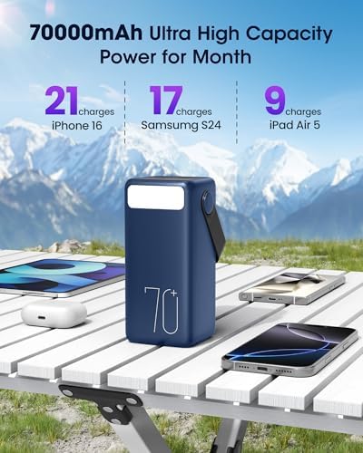 Ultra High-Capacity 70000 m Ah Power Bank – 22.5 W Fast Charging Portable Charger with LED Display & Built-In Flashlight – Ideal for Camping, Travel, and Emergency Use – Multiple Outputs for i Phone, Samsung, i Pad, and More – Stay Connected Anywhere with Long-Lasting Power Solution – Lightweight Design with Convenient Carry Strap and Real-Time Power Monitor – Comprehensive Safety Features Including Overcharge and Short Circuit Protection – Perfect for Outdoor Adventures and Unexpected Power Outages – Includes USB-C Charging Cable and 2-Year Customer Support for Peace of Mind