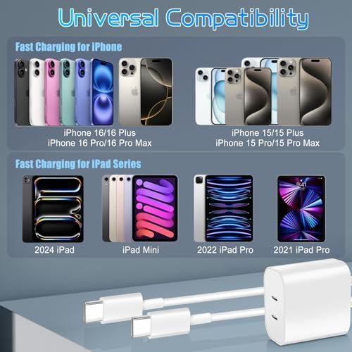 Ultra-Fast Dual Port USB-C i Phone Charger with 10 FT Quick Lightning Cables – High-Efficiency Charging Block for i Phone 14 Pro Max, 13 Pro, 12, 11, XS, XR, 8, SE – Ideal for Home and Travel, 2-Pack for Maximum Convenience and Speed