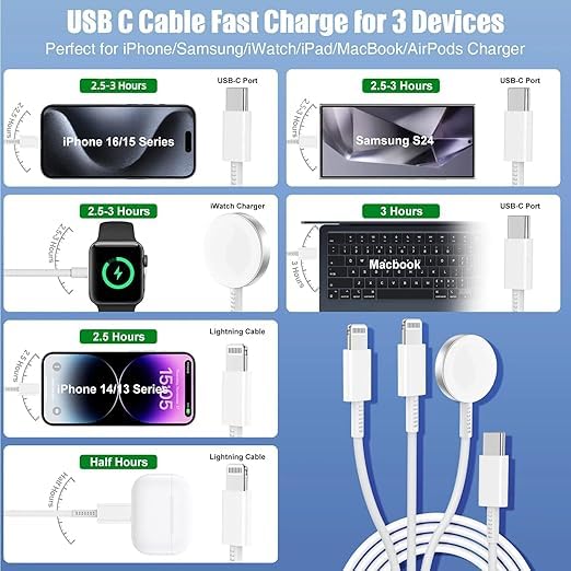 3 in 1 2025 Upgraded Apple Watch Charger,USB C Charger for iPhone 16 15 14 /iWatch/Samsung/AirPods 4 Multiple Devices Fast Charging Cable Travel Essentials Cords for iWatch Ultra/SE/10/9/8/7/6/3-Pink – Enhanced Compatibility and Speed