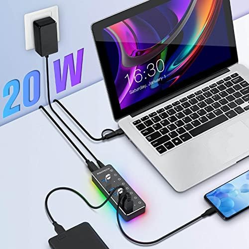 Transform Your Setup with RSHTECH RGB 7 Ports USB Hub – High-Speed USB 3.0 & USB-C Connectivity, Customizable 14-Mode LED Strip, Touch Control, 3.3 ft Cable & Power Adapter for Gamers and Creators – Sleek Aluminum Design for Enhanced Performance and Style