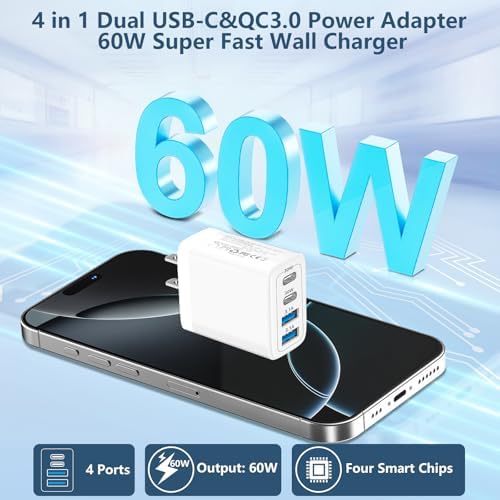 Linocell 2-Pack 60 W 4-Port USB C Charger Block – High-Speed Dual PD & QC Wall Adapter for i Phone 16-11 & Galaxy S25-S24 – Versatile Fast Charging Solution with USB-A Compatibility for Travel and Home Use