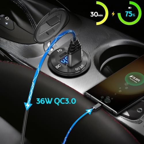 Premium High Voltage USB Outlet for Vehicles – 12 V to 60 V Universal Car Charger Socket with PD 30 W USB-C & QC 36 W Fast Charging, Waterproof Cigarette Lighter Adapter with Easy On/Off Switch – Ideal for Trucks & Boats, DIY Installation Ready