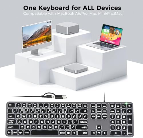 Illuminate Your Typing Efficiency with the Large Print Backlit Keyboard for Mac – Dual Interface, Ergonomic Low-Profile Design for Quiet, Precise Input, Full-Size Layout with Numeric Keypad for Enhanced Productivity, Perfectly Compatible with Mac Book Air/Pro and i Mac, Ideal for Day or Night Use