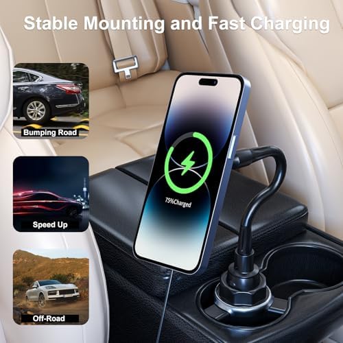 for Qi2 15W Magsafe Car Charger, Heat Restriction, Fast Charging Magnetic Cup Holder Phone Holder, Adjustable Wireless Cupholder Charger for iPhone 16 15 14 13 12 Series(No Car Adapter) – Enhanced Compatibility and Speed