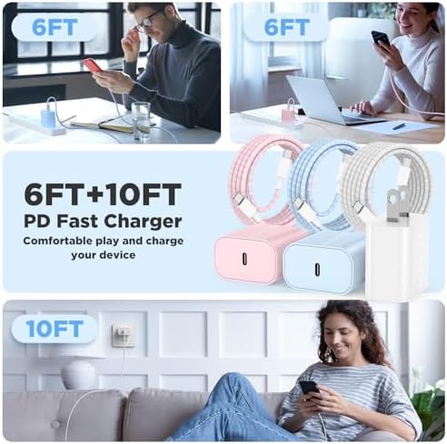 Rapid Charge 3-Pack USB-C Fast Charger Kit for i Phone 15 & 16 Pro Max – 20 W Power Blocks with Robust 6 ft & 10 ft Braided Cables – Ultra-Fast Charging Solution for i Pad Pro 13/12.9 – Sleek, Portable Wall Charger for Everyday Convenience