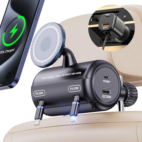 Ultimate 5-in-1 Backseat Car Charging Hub with 100 W Power Output and Mag Safe Mount – Fast Charging Solution for Rideshare Drivers and Passengers, Dual PD/QC Ports for All Smartphone Brands, Compact and Retractable Design for Taxis, Ubers, and Lyfts