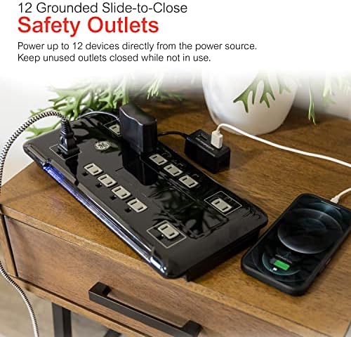 GE Ultra Pro 12-Outlet Surge Protector with 2 USB Charging Ports, 4320 Joules of Protection, 8-Foot Flexible Power Cord, Space-Saving Flat Plug, Enhanced Power Filter, Built-In Circuit Breaker, UL Listed Safety Assurance, Sleek Black Design for Home and Office Electronics