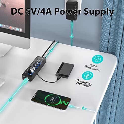 Maximize Your Connectivity: 7-Port USB Hub 3.0 Splitter with Smart Charging & Individual ON/OFF Switches for Mac, PC, and Surface Pro – High-Speed Data Transfer & Powered Adapter for Ultimate Efficiency