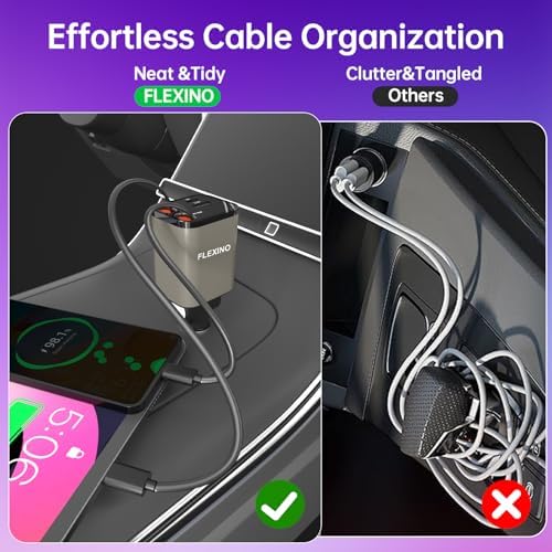 Premium Flexino Compact Retractable Car Charger for i Phone 16 – 69 W Fast Charging with Dual 2.6 ft USB C Cords | Efficient Power Adapter Compatible with i Phone 16/15/14/13/12 Series & Galaxy Devices | Sleek Grey Design for Ultimate Portability and Reduced Cable Clutter