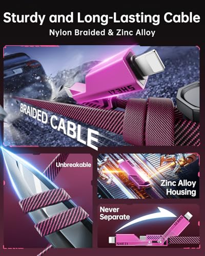 SHEZI 4-in-1 Fast Charging USB C Cable – 60 W Power Delivery with Lightning, USB C, and USB A Ports – 5 FT Durable Flat Nylon Braided Cord – Stylish Pink Design for i Phone, i Pad, and More – High-Speed 480 Mbps Data Transfer Solution for All Your Devices