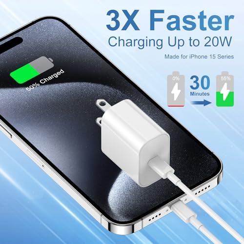 Ultra-Fast 20 W i Phone 16 & 15 Charger Block with 10 ft USB-C to C Cable – Power Adapter for i Phone 16 Pro Max, 15 Pro Max, i Pad Air & Mini – Compact Wall Charger for Ultimate Convenience and Compatibility